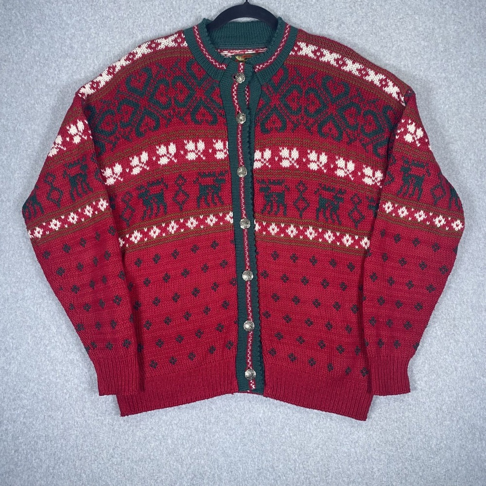 Vintage Alps Cardigan Sweater Womens XL Red Fair Isle Reindeer Ornate Button USA